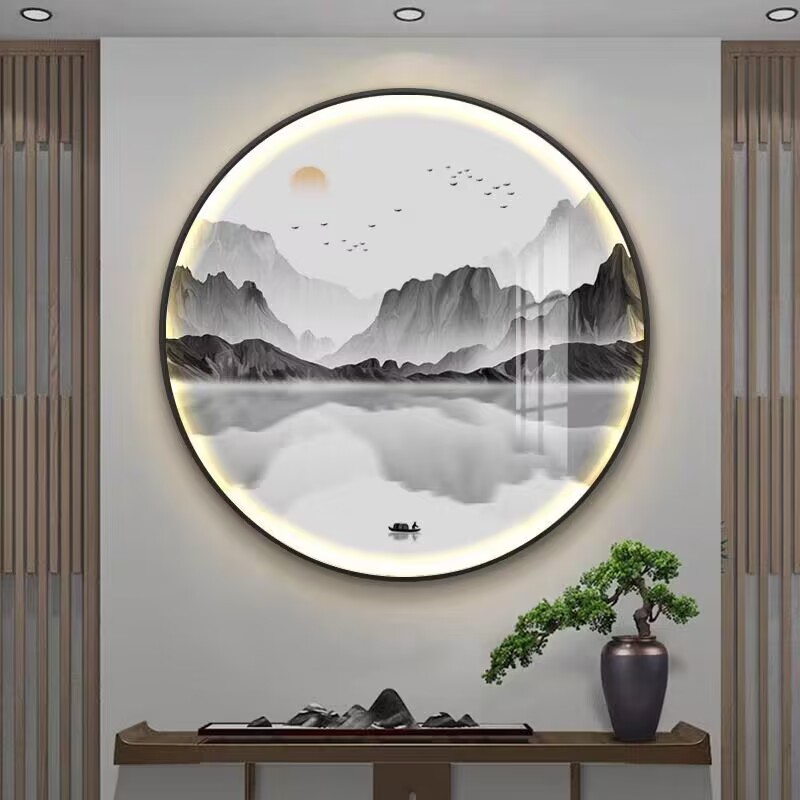 新中式圆形灯画 玄关书房背景装饰画 水墨风景意境山水茶室圆挂画图片