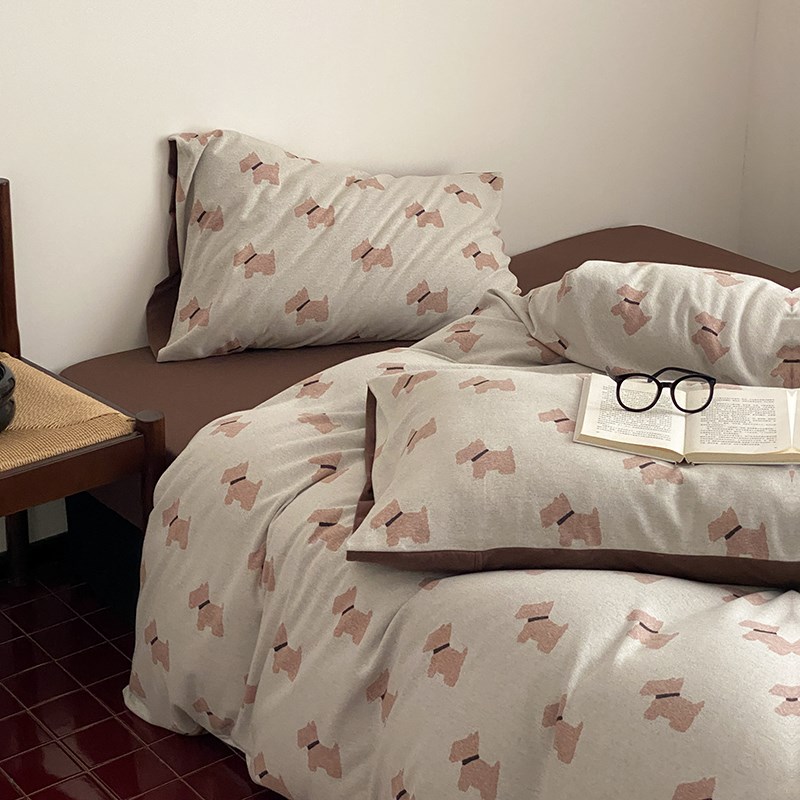 简约小狗A类全棉提花针织天竺棉四件套裸睡纯棉床上被套床单床笠