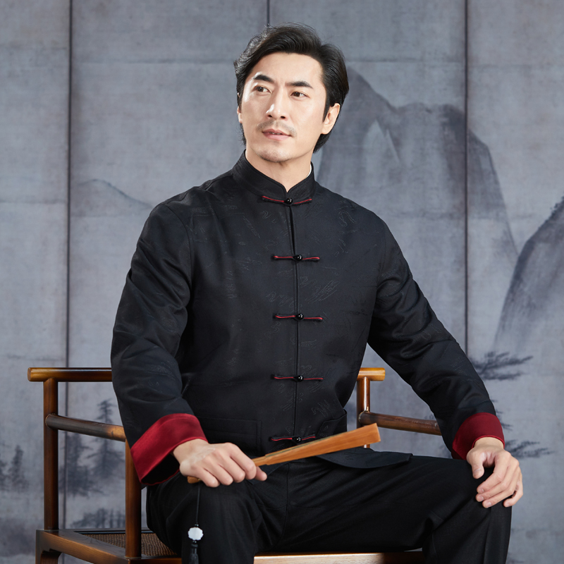 唐装男中老年翻袖秋冬长袖外套中式立领盘扣休闲中国风爸爸装上衣