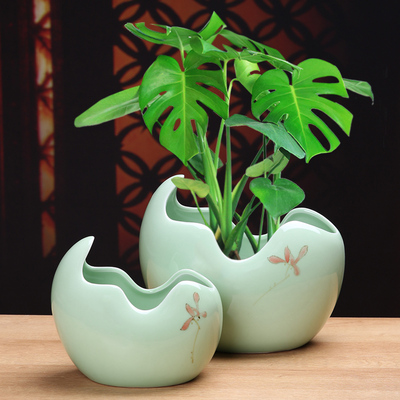 创意陶瓷青瓷花盆摆件 园艺绿植 水仙花绿萝一叶莲睡莲个性水培盆