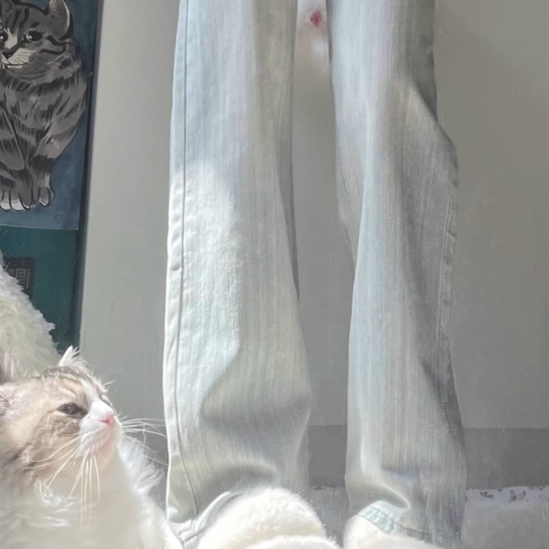 高腰垂感宽松直筒牛仔裤女秋季新款小个子显瘦浅色百搭窄版阔腿裤