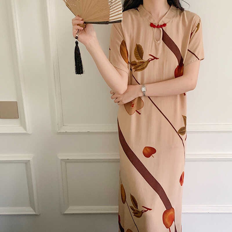 新中式国风棉绸睡裙女夏改良旗袍款睡衣显瘦可外穿盘扣绵绸长裙薄