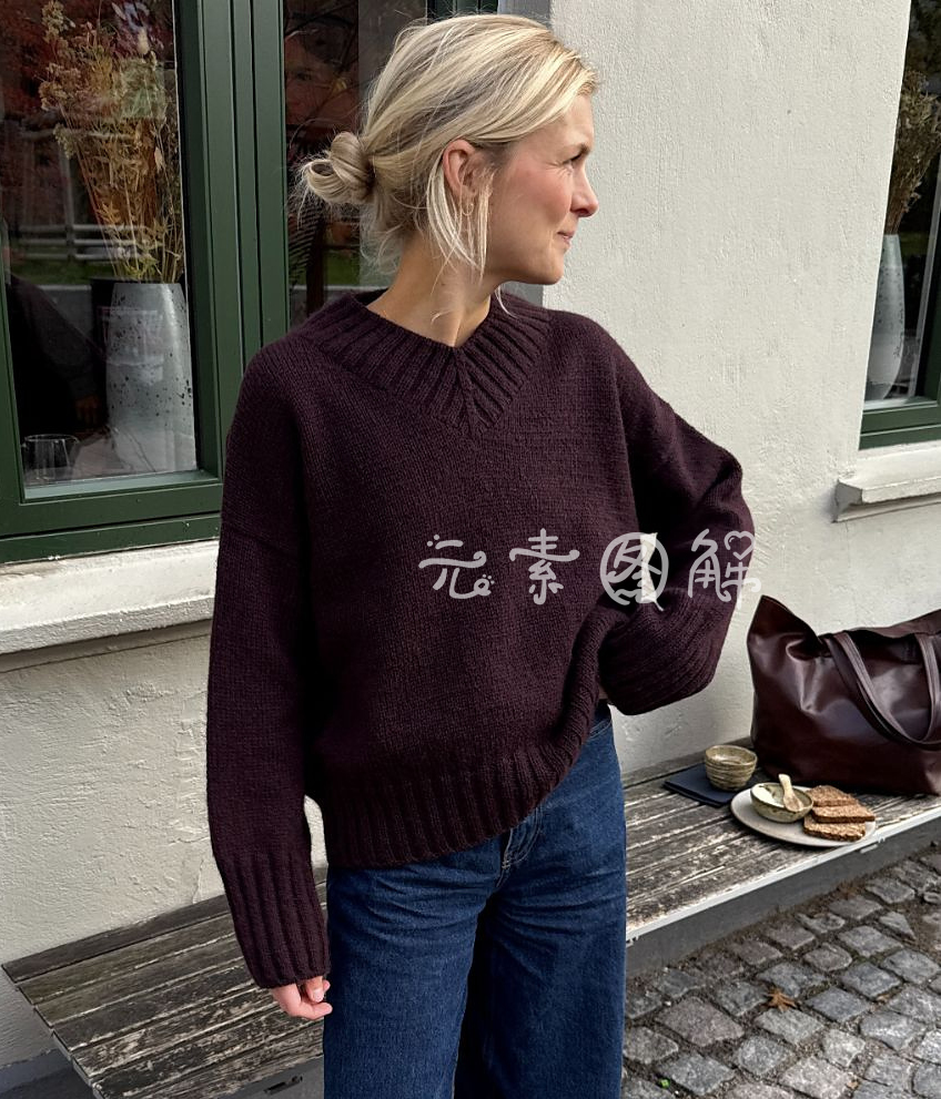 知许套衫图解 女士小V领落肩毛衣图解编织教程中文字图解教程