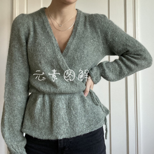 w368露娜V领斜襟泡泡袖荷叶边开衫 女款毛衣编织图解教程文字版