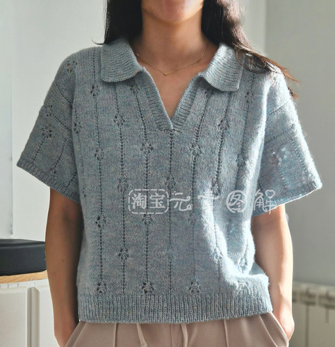 [英文]Cloudy Summer Top图解 女士小翻领V领短袖毛衣编织教程