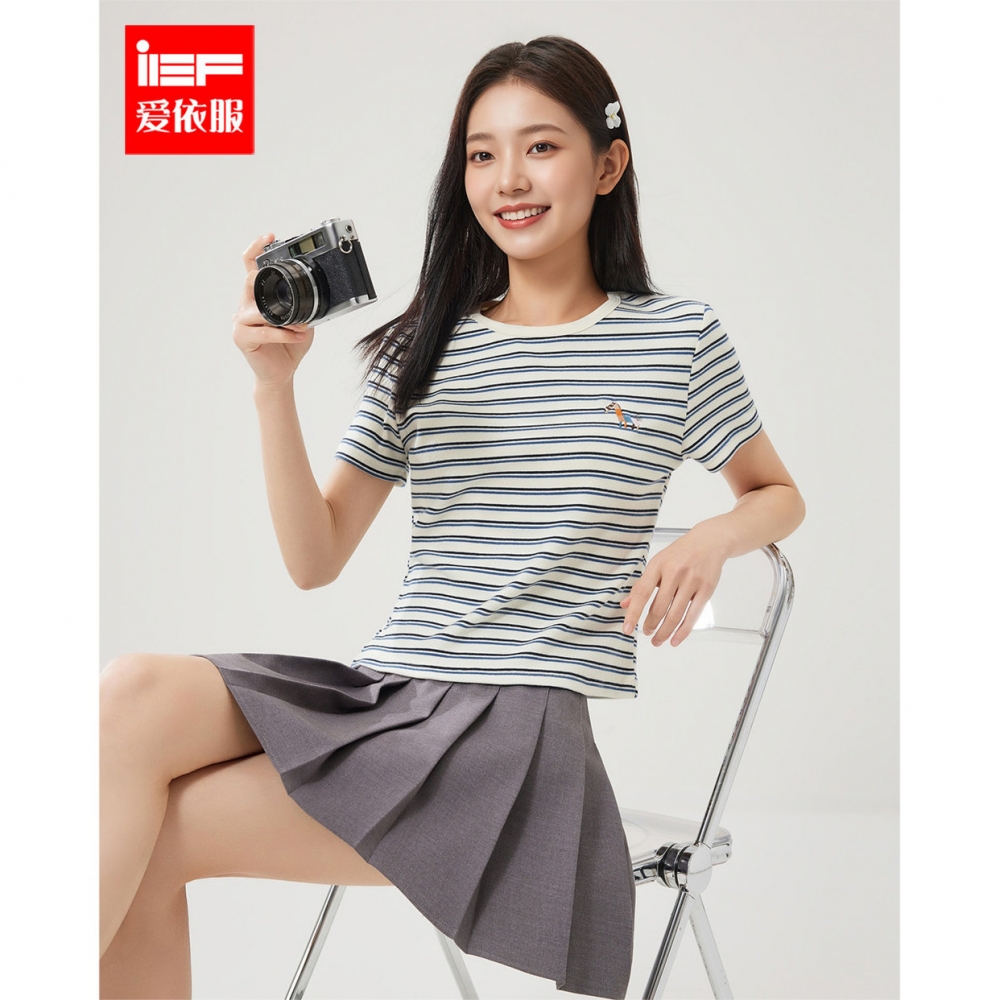 IEF/爱依服【门店同款】2025春夏新款韩版通勤气质条纹百搭T恤女