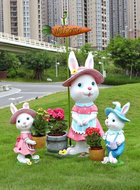 户外花园庭院装饰幼儿园兔子摆件卡通动物玻璃钢雕塑园林景观小品