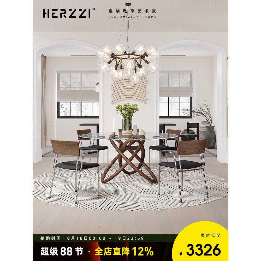 Herzzi新型钢化玻璃双层家庭餐桌，配有转盘，进口灰实木圆形餐桌