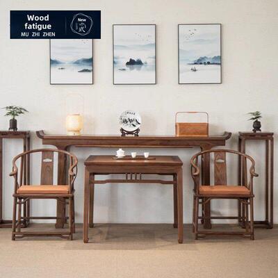 新中式黑胡桃中式堂六件一套实木桌乡村堂房屋图案八仙桌佛桌图案