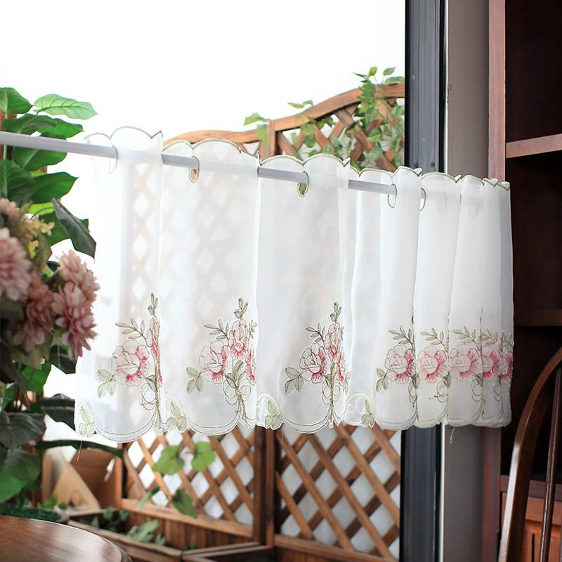 绣花半帘咖啡帘厨房漂亮小短帘隔断帘纱布门帘无冲孔柜帘