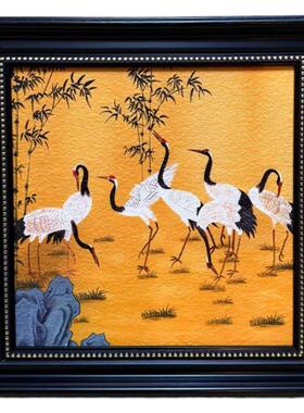 现代黄色覆古风仙鹤客厅挂画沙发背景墙卧室装饰画A009壁画4040