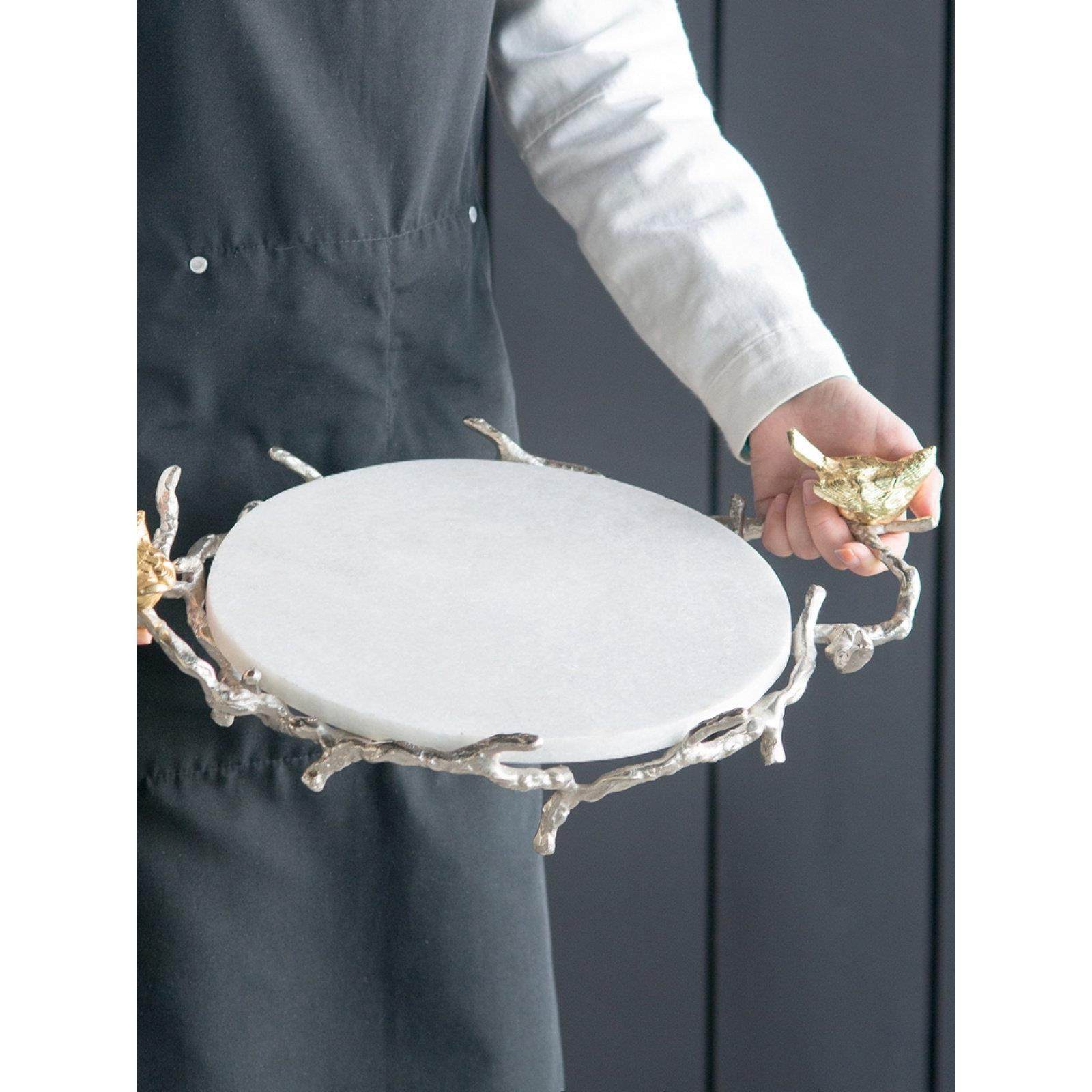 AB印度进口手工锤纹铝制品金枝鸟大理石托盘轻奢果盘桌面摆件饰品,家居饰品,装饰摆件,淘宝优惠券,粉丝福利购,淘宝优惠卷