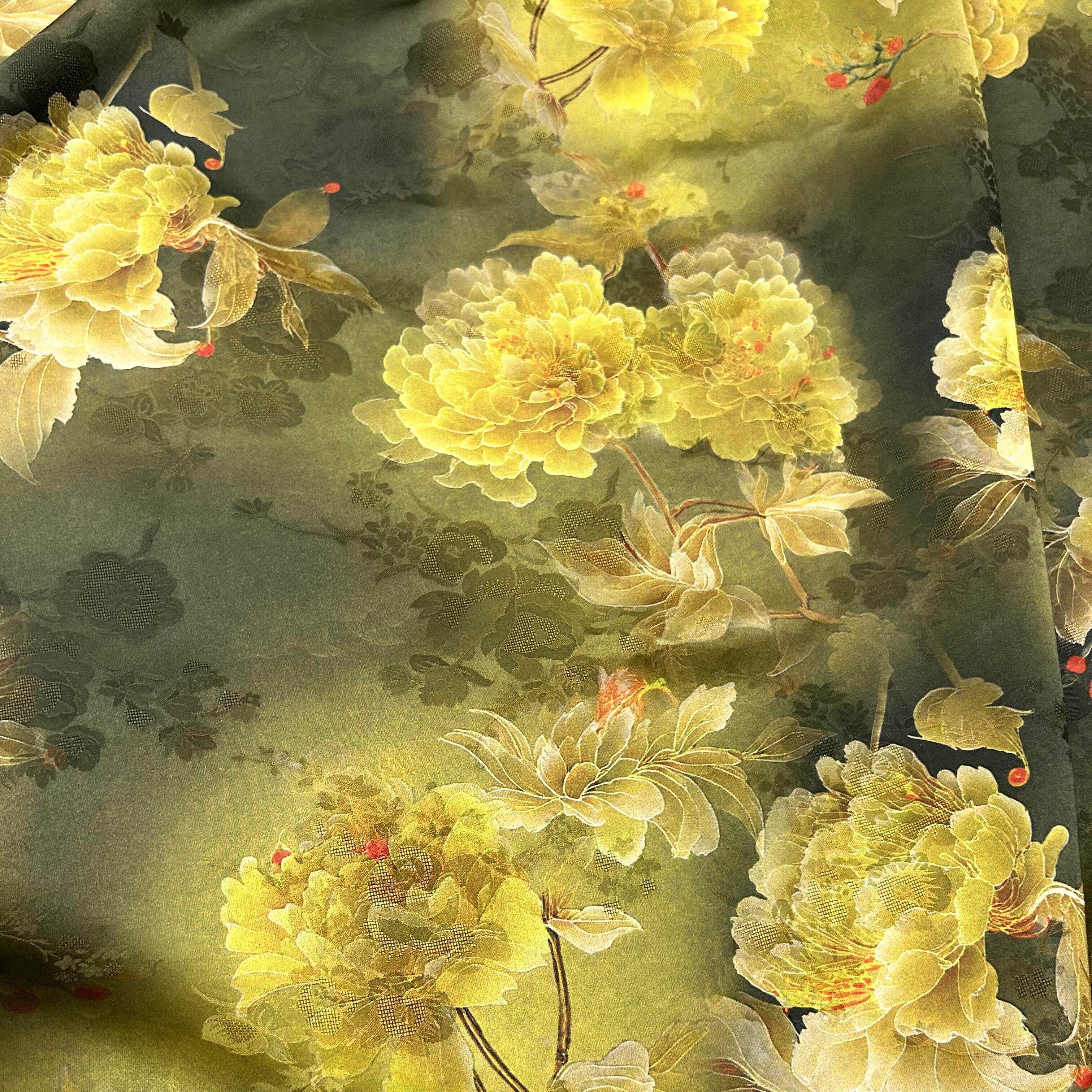 【黄花牡丹】全人丝过薯莨香云纱布料花萝提花旗袍裙子服装面料
