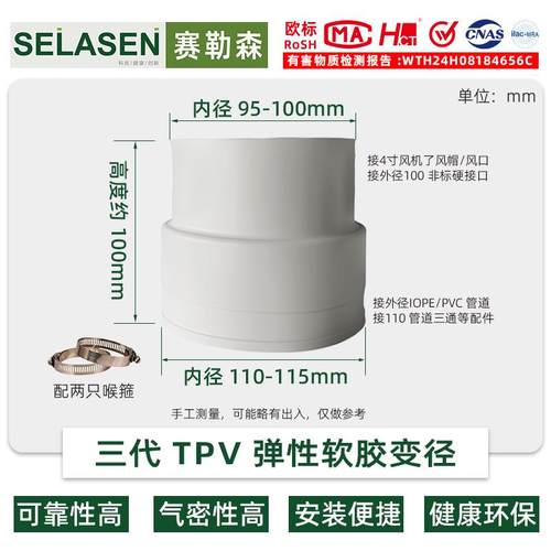 新风管道通风机95转110软变径接头TPV环保大小头主机法兰软连结