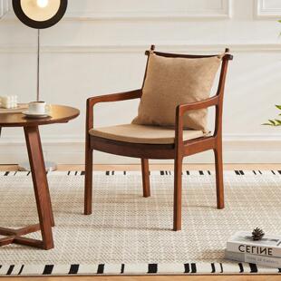 中古风实木餐椅家用客厅靠背扶手椅白蜡木可拆洗软包书桌椅巴顿椅