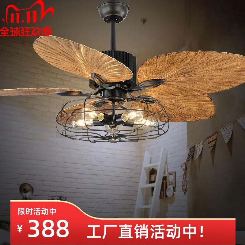 美式乡村吊扇灯餐厅客厅卧室工程风扇吊灯复古灯扇带木叶的风扇灯