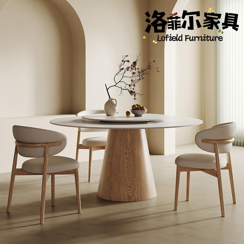 奶油风实木岩板圆餐桌纯白带转盘现代简约家用吃饭桌原木色桌台