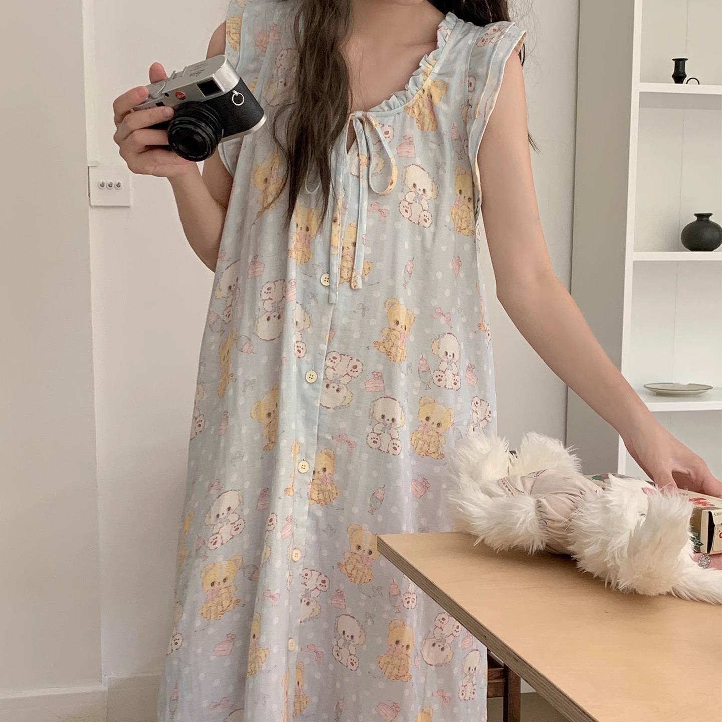 睡裙女夏季纯棉双层棉纱可爱小熊