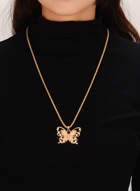 韩版创意新款时尚猫眼石镂空蝴蝶项链百搭优雅毛衣链源头厂家