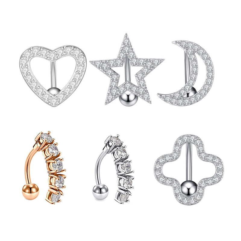 欧美个性肚脐扣亚马逊同款经典心形五角形月亮款热卖肚脐钉不锈钢