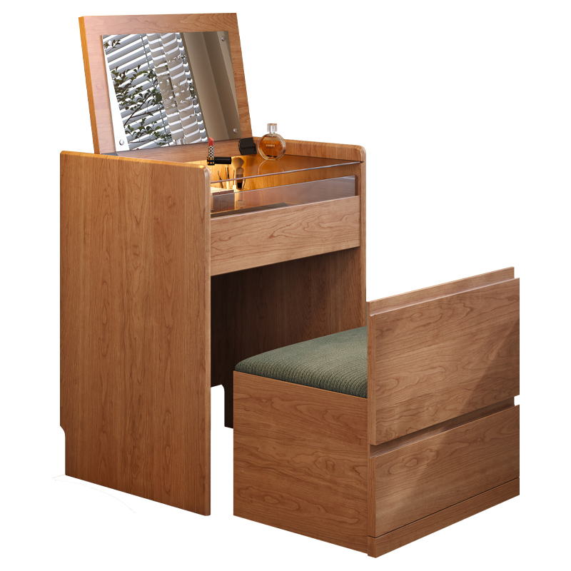 床头柜化妆台一体小型卧室迷你日式斗柜樱桃木翻盖北欧实木化妆台