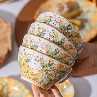 家用创意可爱饭碗网红陶瓷2022新款 花中兔碗碟套装 餐具碗筷盘碗具