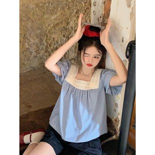女秋季 范雯雯 衬衫 茶卡少女 甜美竖条纹上衣 方领复古少女泡泡袖