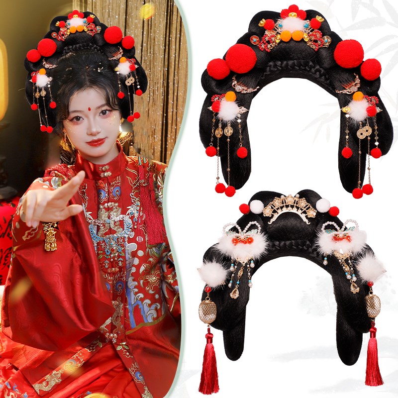 古装汉服假发包小财神发髻全发丝毛球流苏戏曲风发饰组合新年造型