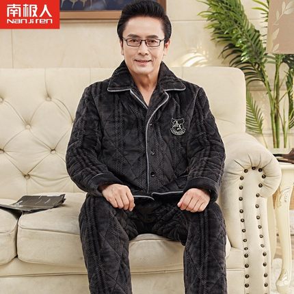 冬季中老年人睡衣男士珊瑚绒夹棉三层加厚加绒保暖爸爸家居服套装