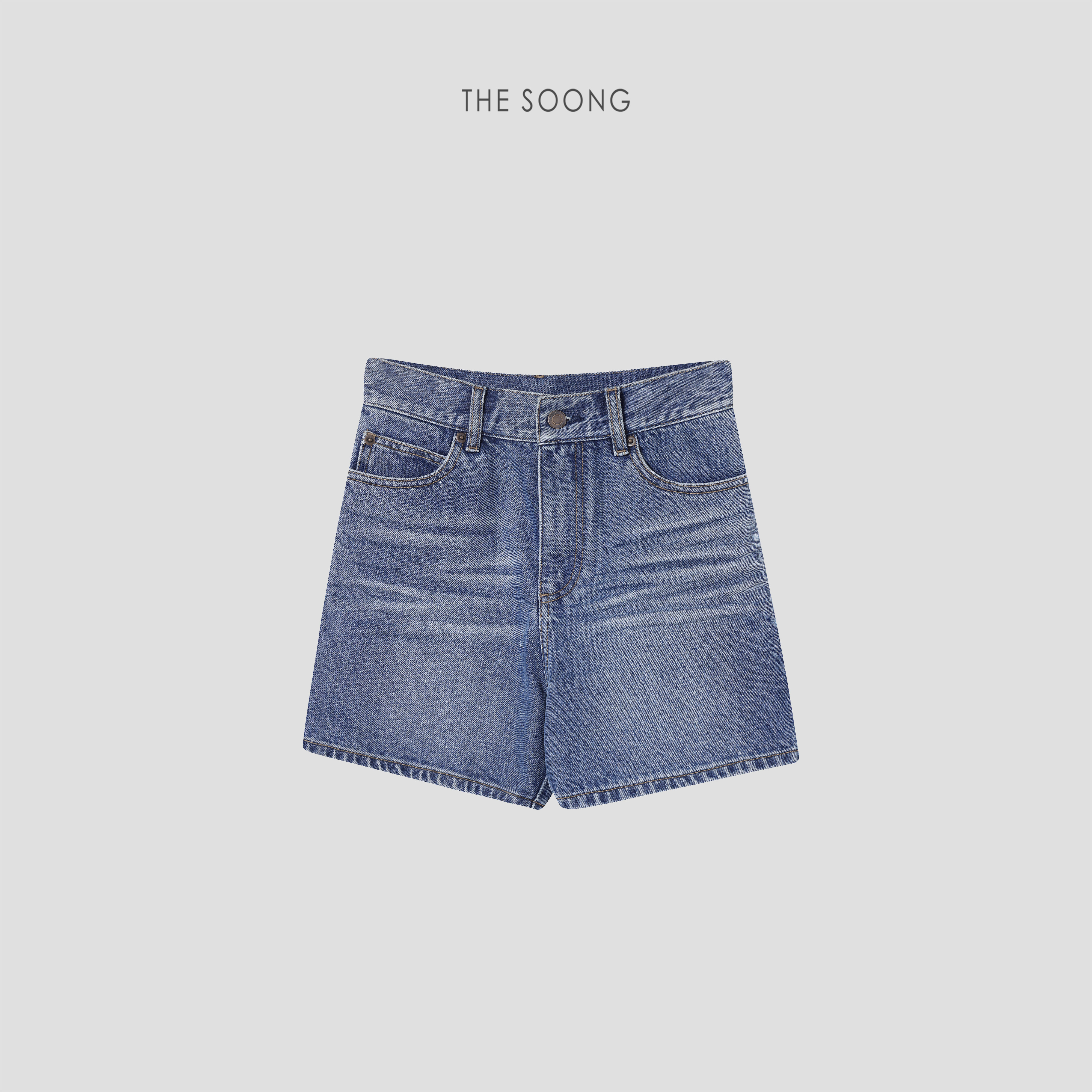 THESOONG/长腿焦点 100%甄选高密棉喷砂猫须高腰无弹经典牛仔短裤