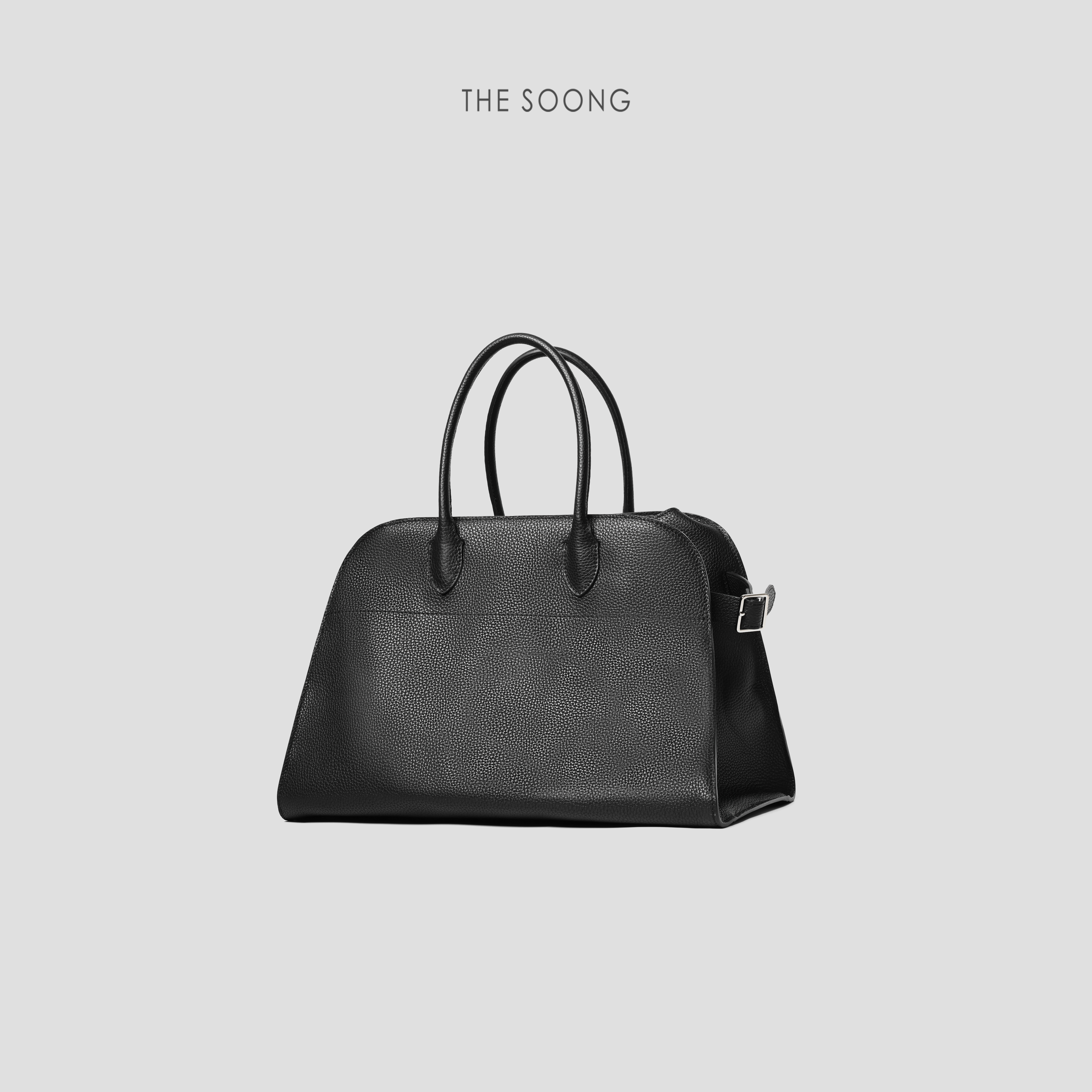 THESOONG/Margaux 黑色荔枝纹头层小牛皮大容量极简托特单肩包女