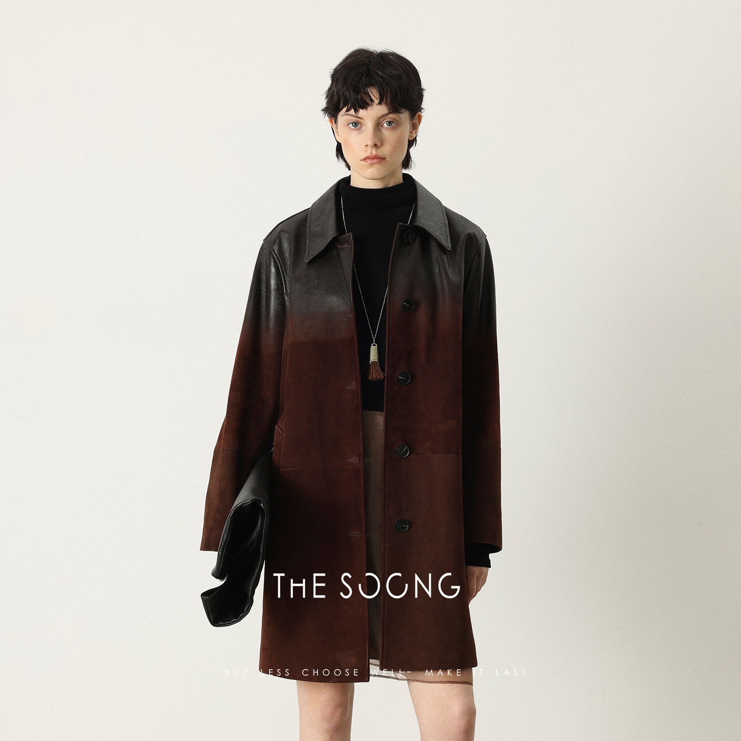 THESOONG/新西兰进口山羊绒渐变色喷绘翻领真皮大衣女