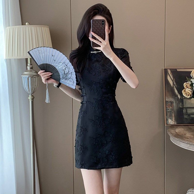黑色国风新中式优雅盘扣修身旗袍裙子女夏天新款小个子显瘦小黑裙