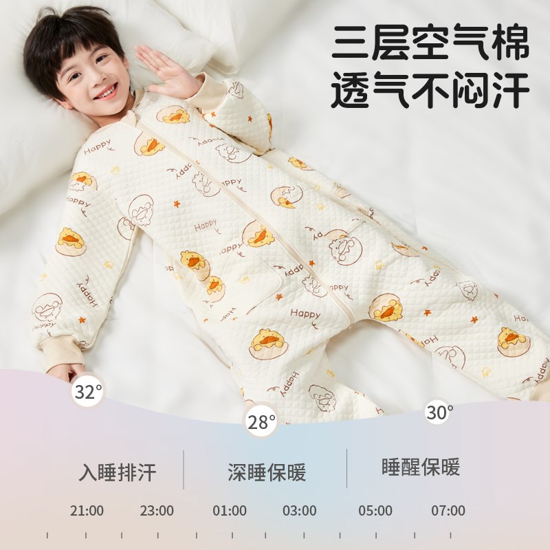 灵灵多秋冬儿童睡袋纯棉男童连体睡衣连身衣全棉三层夹棉分腿睡袋