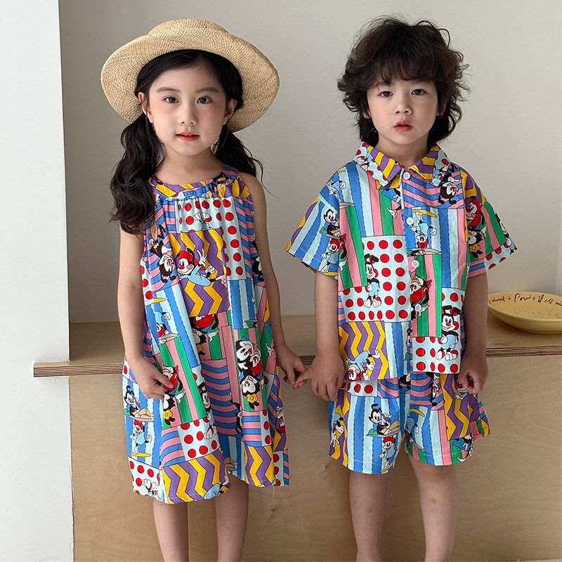 儿童夏季衬衫套装男童海边度假2025新款宝宝洋气女童连衣裙兄妹装