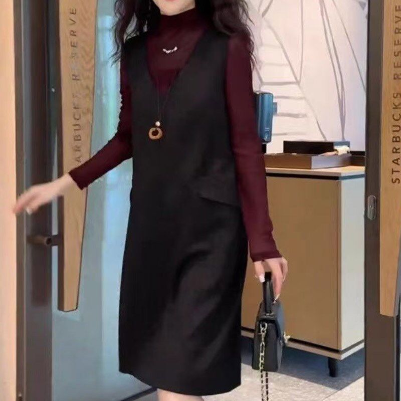 无袖毛呢背心连衣裙秋冬新款显瘦气质V领马甲裙中长款打底裙呢裙