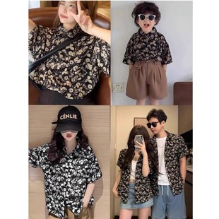 亲子装一家三口复古港风休闲衬衣2024新款沙滩母子母女夏装花衬衫