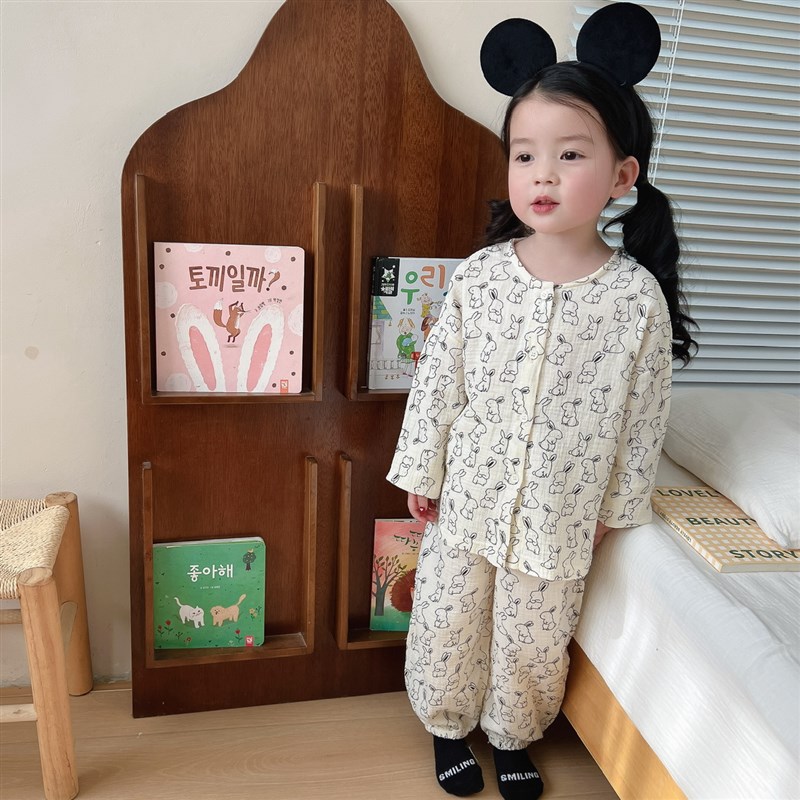 2024年春季新款儿童纱布睡衣网红男童春夏长袖长裤女童纯棉家居服