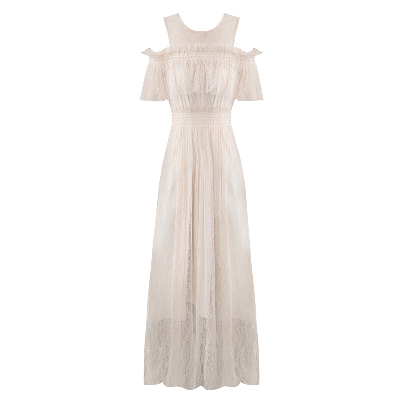 一字肩蕾丝连衣裙修身2021新款仙女裙露肩长裙女夏网纱裙子沙滩裙