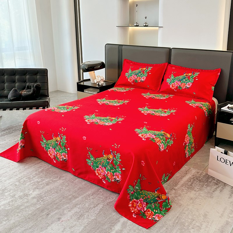 全棉大红色床单单件婚庆结婚床上用品双人纯棉磨毛被单枕套三件套