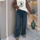 女胖mm宽松显瘦高腰弹力休闲阔腿裤 冬装 加绒直筒牛仔裤 大码 子 新款