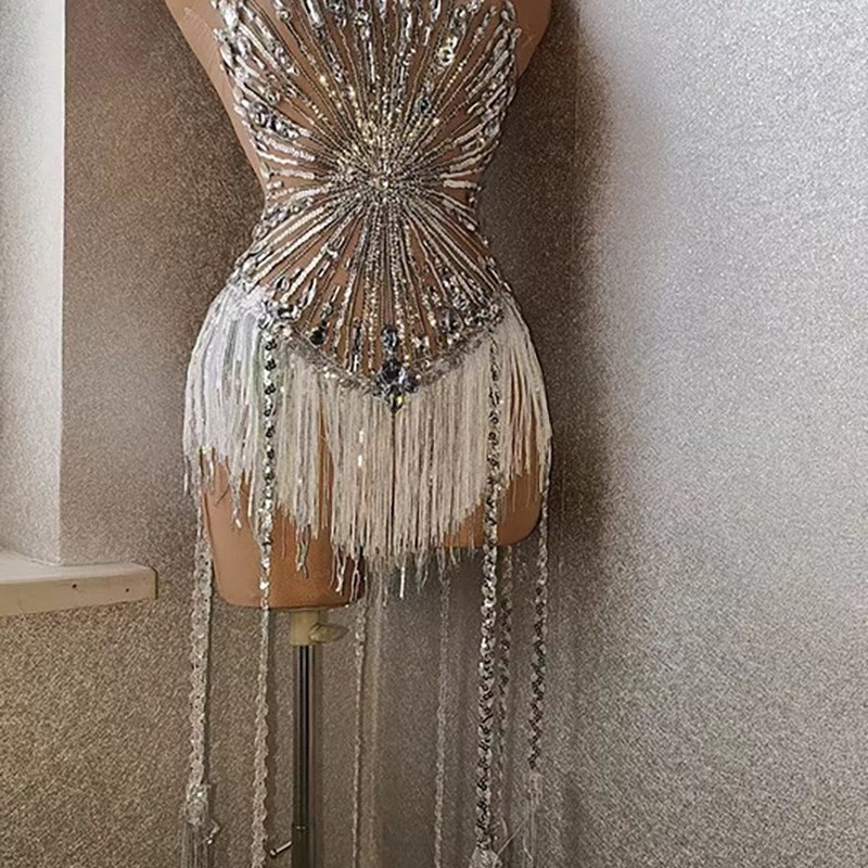 模特闪耀显瘦网纱水钻流苏短裙包臀裙礼服舞台演出服装女生日礼物