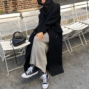 过膝长款大衣外套女秋冬毛呢到脚踝冬款高个子宽松双排扣呢子加厚