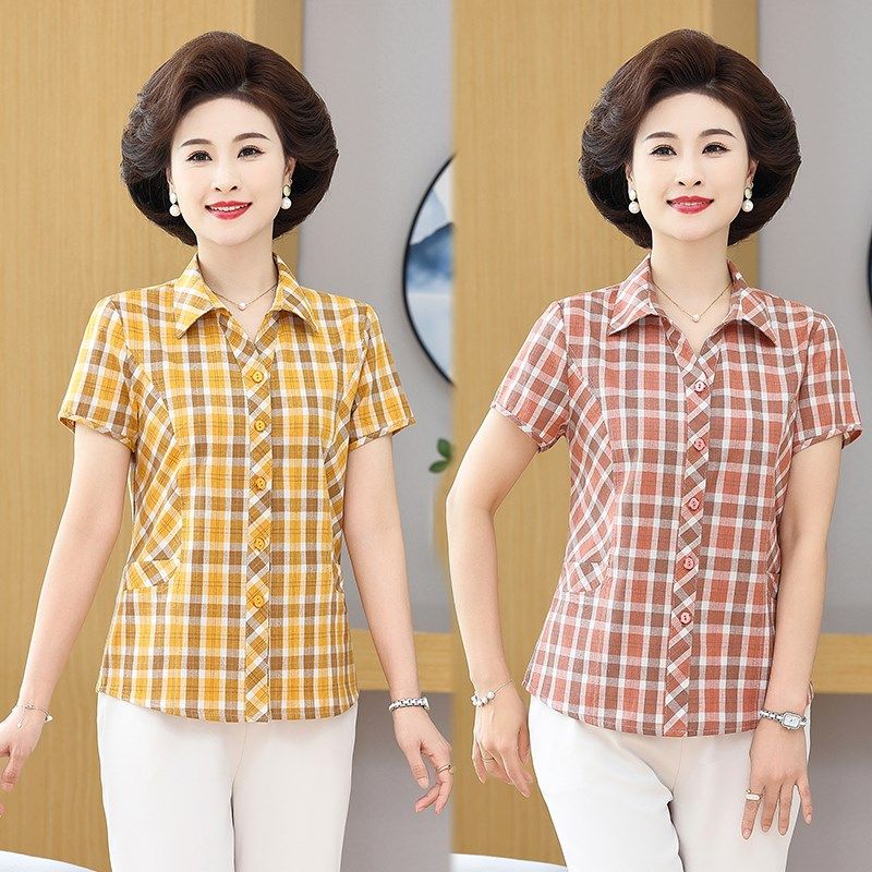 新款全棉格子短袖衬衫女中年妈妈夏季薄款上衣中老年纯棉衬衣女装