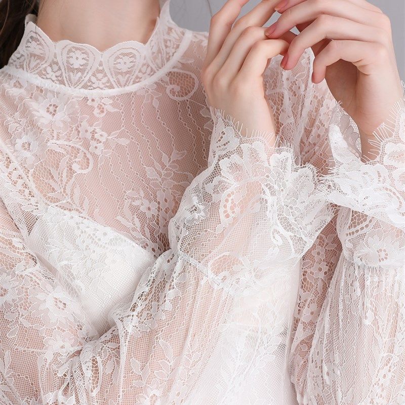 透明高领蕾丝打底衫女长袖纱衣性感内搭神器仙气喇叭袖网纱上衣薄,女装/女士精品,蕾丝衫/雪纺衫,淘宝优惠券,粉丝福利购,淘宝优惠卷