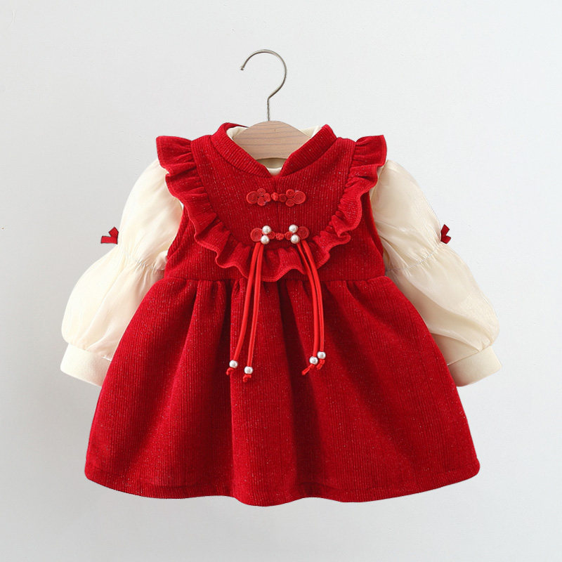 女童连衣裙套装秋冬加绒中国风公主裙子婴儿宝宝周岁红色新年礼服