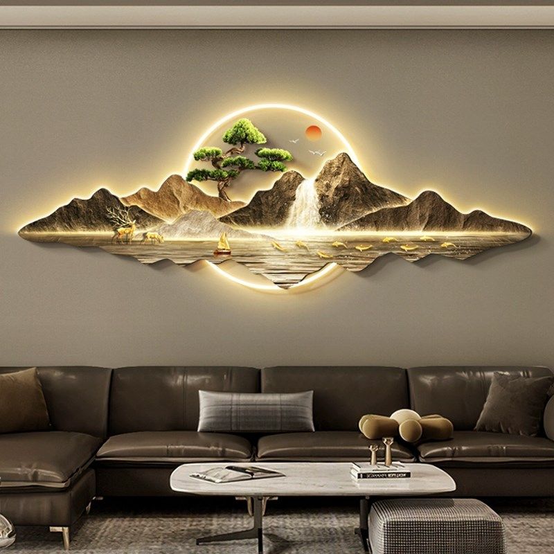 轻奢高级感带灯山水画客厅装饰画沙发背景墙高档大气挂画2024新款