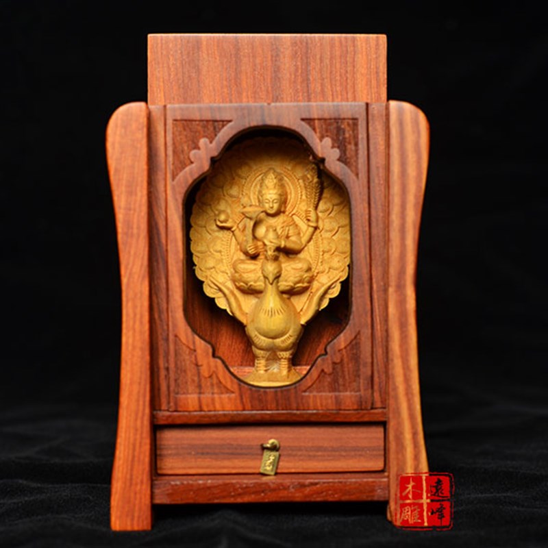 黄杨木雕孔雀明王Marici随身龛实木雕刻迷你供台精雕工艺品摆饰