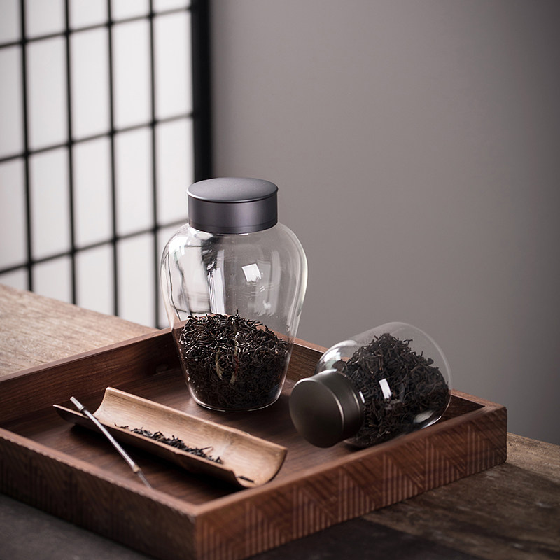日式玻璃茶叶罐密封罐放茶叶的小号罐子存茶储物罐铝合金盖防潮