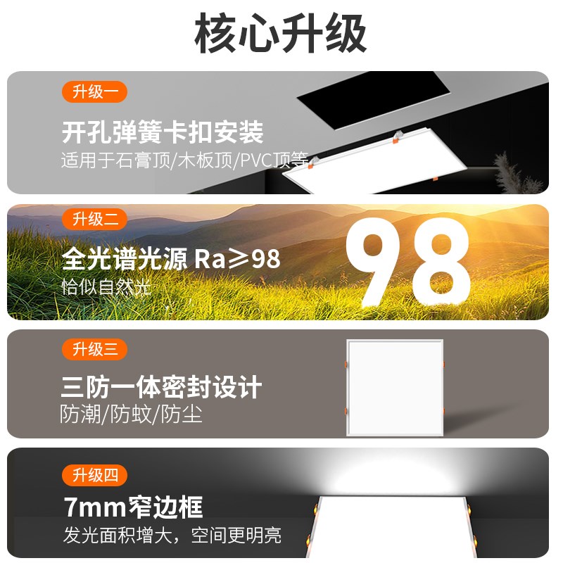 卡簧卡扣嵌入式卫生间浴室平板灯集成吊顶led灯厨房长灯30x30x60